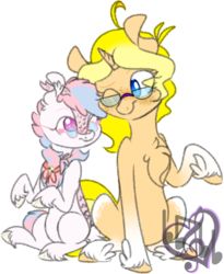 Size: 984x1200 | Tagged: safe, artist:songheartva, oc, oc:buttons, oc:songheart, kirin, pony, unicorn, female, glasses, mare, one eye closed, simple background, transparent background, wink