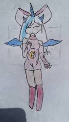 Size: 918x1632 | Tagged: safe, artist:ispeaksarcasm13, oc, oc only, oc:fleurbelle, alicorn, human, alicorn oc, clothes, eyes closed, female, horn, horned humanization, humanized, long hair, solo, wings