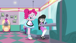 Size: 1920x1080 | Tagged: safe, screencap, octavia melody, pinkie pie, equestria girls, five stars, g4, my little pony equestria girls: better together, background human, cellphone, female, food, phone, pie, ponytail, server pinkie pie