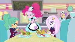 Size: 1920x1080 | Tagged: safe, screencap, derpy hooves, fleur-de-lis, garden grove, pinkie pie, sunny sugarsocks, tip top, equestria girls, five stars, g4, my little pony equestria girls: better together, cellphone, clothes, crystal prep academy uniform, diner, female, food, french fries, phone, pointing, ponytail, salad, sandwich, school uniform, server pinkie pie, smartphone, smiling, sweet snacks cafe