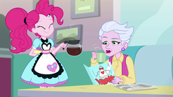 Size: 1920x1080 | Tagged: safe, screencap, pinkie pie, sour persimmon, equestria girls, five stars, g4, my little pony equestria girls: better together, apron, clothes, coffee, coffee mug, mug, server pinkie pie, skirt, smiling
