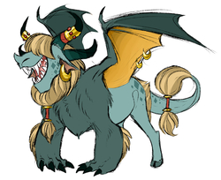 Size: 2429x1980 | Tagged: safe, artist:vindhov, oc, oc only, half-dragon, half-yak, hybrid, commission, crack ship offspring, ear piercing, earring, hair over eyes, horn, horn ring, interspecies offspring, jewelry, magical gay spawn, male, offspring, open mouth, parent:dragon lord torch, parent:prince rutherford, parents:ruthertorch, piercing, simple background, solo, white background, wing piercing