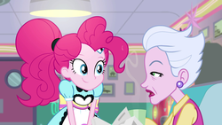 Size: 1920x1080 | Tagged: safe, screencap, pinkie pie, sour persimmon, equestria girls, five stars, g4, my little pony equestria girls: better together, apron, clothes, coffee, cute, diapinkes, ear piercing, earring, jewelry, newspaper, piercing, server pinkie pie