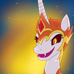 Size: 1500x1500 | Tagged: safe, artist:winter-scarf, daybreaker, alicorn, pony, g4, bust, evil smile, fangs, female, grin, helmet, jewelry, mane of fire, mare, night, regalia, smiling, solo, stars