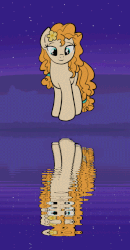 Size: 600x1152 | Tagged: safe, artist:lannielona, pear butter, pony, g4, animated, female, flower, freckles, gif, grass, hill, lake, looking down, mare, night, reflection, river, sky, smiling, solo, stars, water