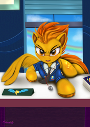 Size: 4250x6000 | Tagged: safe, artist:darksly, spitfire, pegasus, pony, g4, absurd resolution, clothes, colored hooves, eyes on the prize, female, mare, smiling, solo, uniform, whistle, wonderbolts dress uniform