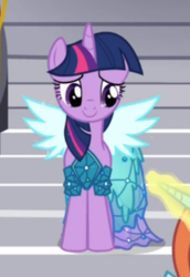 Size: 356x518 | Tagged: safe, screencap, sassy saddles, twilight sparkle, alicorn, pony, canterlot boutique, g4, clothes, cropped, dress, female, glowing horn, horn, offscreen character, princess dress, smiling, solo focus, twilight sparkle (alicorn)