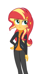 Size: 2000x3700 | Tagged: safe, artist:katnekobase, artist:winter-scarf, sunset shimmer, human, equestria girls, g4, base used, clothes, female, hand on hip, high res, human sunset, jacket, pants, shirt, simple background, smiling, solo, transparent background