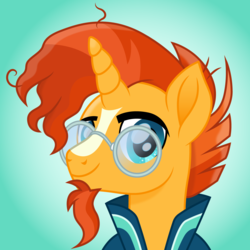 Size: 1500x1500 | Tagged: safe, artist:cloudy glow, sunburst, pony, unicorn, g4, bust, cloak, clothes, facial hair, glasses, goatee, horn, light blue background, looking at you, male, movie accurate, smiling, smiling at you, smirk, solo, stallion, sunburst's cloak, sunburst's glasses
