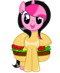 Size: 900x1098 | Tagged: safe, artist:dl-ai2k, oc, oc:sunny pink, pony, unicorn, burger, clothes, costume, female, food, food costume, hamburger, mare, simple background, solo, transparent background
