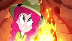 Size: 1920x1080 | Tagged: safe, screencap, pinkie pie, equestria girls, g4, my little pony equestria girls: summertime shorts, the canterlot movie club, crazy face, faic, fire, hat, smiling