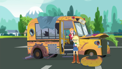 Size: 1920x1080 | Tagged: safe, screencap, applejack, big macintosh, equestria girls, g4, get the show on the road, my little pony equestria girls: summertime shorts, ashamed, bus, parking lot, school bus, studebaker, the rainbooms tour bus, wreck