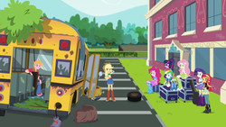 Size: 1920x1080 | Tagged: safe, screencap, applejack, big macintosh, fluttershy, pinkie pie, rainbow dash, rarity, sci-twi, sunset shimmer, twilight sparkle, equestria girls, g4, get the show on the road, my little pony equestria girls: summertime shorts, bus, confused, group, humane five, humane seven, humane six, parking lot, school bus, studebaker, the rainbooms tour bus, wreck