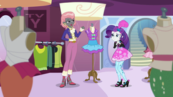 Size: 1920x1080 | Tagged: safe, screencap, prim hemline, rarity, display of affection, equestria girls, g4, my little pony equestria girls: better together, boutique, clothes, dress, ear piercing, earring, female, high heels, jewelry, mannequin, piercing, shoes, stairs, tv rating, tv-y