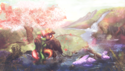 Size: 3000x1687 | Tagged: safe, artist:tiothebeetle, oc, oc only, fish, pony, canterlot, fishing rod, hug, male, oc x oc, river, scenery, shipping, tree, winghug