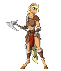 Size: 1382x1600 | Tagged: safe, artist:akweer, applejack, earth pony, anthro, unguligrade anthro, g4, barbarian, barbarianjack, clothes, female, mare, solo, war axe, weapon