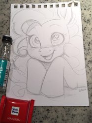 Size: 1108x1478 | Tagged: safe, artist:imalou, pinkie pie, earth pony, pony, black and white, female, grayscale, heart eyes, lineart, looking at you, mare, monochrome, pencil drawing, signature, simple background, sketch, solo, traditional art, white background, wingding eyes