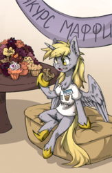 Size: 1186x1820 | Tagged: safe, artist:lonerdemiurge_nail, derpy hooves, alicorn, pony, g4, alicornified, clothes, cyrillic, derpicorn, female, food, hoof hold, hoof shoes, muffin, race swap, russian, shirt, solo, that pony sure does love muffins, this will end in colic, translated in the comments, what could possibly go wrong