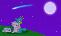 Size: 6576x3899 | Tagged: safe, artist:ejlightning007arts, gallus, silverstream, classical hippogriff, griffon, hippogriff, g4, cute, diastreamies, female, gallabetes, hill, hug, male, moon, night, ship:gallstream, shipping, shooting star, snuggling, straight, wing blanket, winghug