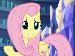 Size: 1253x942 | Tagged: safe, screencap, fluttershy, pegasus, pony, scare master, cropped, cute, female, mare, raised hoof, shyabetes, smiling, solo