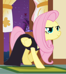 Size: 652x732 | Tagged: safe, screencap, fluttershy, pegasus, pony, g4, scare master, clothes, costume, cropped, door, dress, evil grin, female, grin, mare, smiling, solo