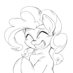 Size: 1536x1536 | Tagged: safe, artist:kurogewapony, pinkie pie, earth pony, pony, g4, eyes closed, female, grin, lineart, mare, monochrome, nervous, nervous smile, simple background, smiling, solo, sweat, white background