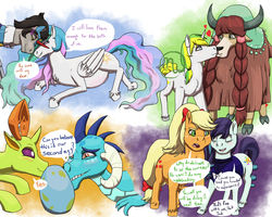 Size: 1280x1024 | Tagged: safe, artist:azurllinate, applejack, coloratura, king sombra, princess celestia, princess ember, thorax, yona, oc, oc:sol bright, alicorn, changedling, changeling, dragon, earth pony, pony, unicorn, yak, g4, annoyed, bow, canon x oc, changeling x dragon, cloven hooves, crying, egg, eyes closed, female, folded wings, futurehooves, happy, horns, interspecies, king thorax, kissing, leaning, lesbian, looking at each other, male, mare, next gen:futurehooves, older, older yona, on side, ponytail, preglestia, pregnant, ship:celestibra, ship:embrax, ship:rarajack, shipping, size difference, smiling, solna, speech, speech bubble, stallion, straight