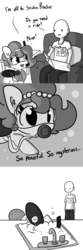 Size: 1650x4950 | Tagged: safe, artist:tjpones, oc, oc only, oc:brownie bun, oc:richard, earth pony, human, pony, horse wife, clothes, comic, couch, dialogue, dive mask, diving, ear fluff, female, grayscale, human male, kitchen sink, male, mare, monochrome, newspaper, pun, scuba diving, scuba gear, shirt, silly, silly pony, simple background, sink, sitting, snorkel, white background