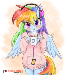 Size: 900x1000 | Tagged: safe, artist:phoenixperegrine, rainbow dash, pegasus, semi-anthro, g4, :p, abstract background, arm hooves, blushing, clothes, coffee, coffee mug, cute, dashabetes, female, headphones, hoodie, hoof hold, looking at you, mare, mug, patreon, patreon logo, solo, sweater, tongue out