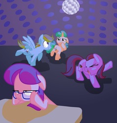 Size: 1429x1500 | Tagged: safe, artist:andromedasparkz, oc, oc:amber brush, pony, dancing, glasses, party, unamused