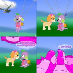 Size: 2001x2001 | Tagged: safe, artist:phallen1, spike, spike the regular dog, bird, dog, roc, equestria girls, g4, angry, bared teeth, clothes, comic, covered, falling, goggles, high res, jacket, jetpack, landing, male, nose to nose, parachute, paw patrol, pointing, skye (paw patrol), spike the dog, spike's dog collar, the simpsons, this will end in death, this will end in tears, this will end in tears and/or death