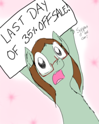 Size: 3200x4000 | Tagged: safe, artist:princessmuffinart, derpibooru exclusive, oc, pony, asking for help, female, glasses, holding sign, looking at you, mare, ponified artist, ponysona, sale, store, teepublic sale