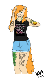 Size: 1300x2300 | Tagged: safe, artist:0-van-0, pear butter, earth pony, anthro, g4, bedroom eyes, clothes, eyelashes, female, food, freckles, hair over one eye, messy mane, pear, redhead, shirt, shorts, smiling, solo, tattoo