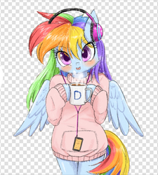 Size: 1018x1132 | Tagged: safe, artist:phoenixperegrine, edit, rainbow dash, pegasus, semi-anthro, g4, :p, abstract background, alpha channel, arm hooves, blushing, clothes, coffee, coffee mug, cute, dashabetes, female, headphones, hoodie, hoof hold, looking at you, mare, mug, solo, sweater, tongue out