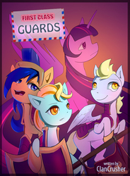 Size: 624x850 | Tagged: safe, artist:oneofyouare, derpy hooves, flash sentry, lightning dust, twilight sparkle, alicorn, pegasus, pony, fanfic:first class guards, g4, cover, cover art, fanfic, fanfic art, fanfic cover, female, flare warden, guard, guardsmare, mare, royal guard, rule 63, story in the source