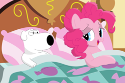 Size: 3546x2365 | Tagged: safe, artist:porygon2z, pinkie pie, dog, pony, g4, aftersex, bed, brian griffin, crossover, crossover shipping, cursed image, family guy, female, high res, interspecies, male, mare, messy mane, pillow, shipping, straight, why