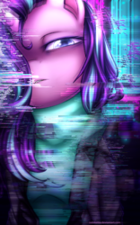 Size: 1200x1920 | Tagged: safe, artist:jadekettu, starlight glimmer, unicorn, anthro, g4, clothes, cyberpunk, error, female, glitch, glitch art, hair over one eye, mare, solo, synthwave