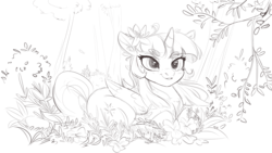 Size: 5760x3240 | Tagged: safe, artist:hierozaki, twilight sparkle, alicorn, pony, g4, absurd resolution, chest fluff, female, flower, flower in hair, mare, monochrome, prone, smiling, solo, tree, twilight sparkle (alicorn)