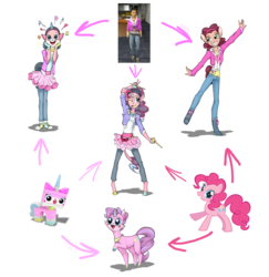 Size: 1600x1643 | Tagged: safe, artist:mylittlesonic, pinkie pie, g4, converse, crossover, fusion, fusion diagram, hexafusion, lego, sally acachalla, shoes, simple background, the lego movie, transparent background, unikitty, venturiantale