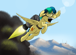 Size: 2931x2109 | Tagged: safe, artist:oinktweetstudios, oc, oc only, oc:apogee, pegasus, pony, eyes closed, female, flying, goggles, high res, jetpack, male, mare, open mouth, raised hoof, rocket, shenanigans, solo, superman