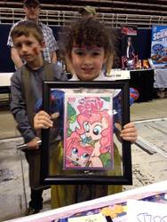 Size: 720x960 | Tagged: safe, artist:ponygoddess, pinkie pie, human, g4, comic cover, convention, crossover, fanart, irl, irl human, lego, photo, target demographic, the lego movie, unikitty