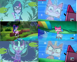 Size: 1024x823 | Tagged: safe, artist:brandonale, edit, edited screencap, screencap, sci-twi, twilight sparkle, equestria girls, g4, my little pony equestria girls: legend of everfree, angry, angry kitty, carla castañeda, comparison, crossover, lego, midnight sparkle, reference, tara strong, the lego movie, unikitty, unikitty!, voice actor joke