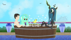 Size: 4724x2657 | Tagged: safe, artist:neeeverlucky, lyra heartstrings, queen chrysalis, duck, human, g4, bath, bubble, crystal empire, giggling, magic, rubber duck