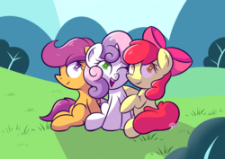 Size: 1810x1280 | Tagged: safe, artist:vaetan, apple bloom, scootaloo, sweetie belle, earth pony, pegasus, pony, unicorn, g4, adorabloom, bow, bush, colored pupils, cute, cutealoo, cutie mark crusaders, diasweetes, female, filly, happy, hill, looking at you, one eye closed, open mouth, sitting, smiling