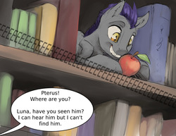 Size: 1280x989 | Tagged: safe, artist:silfoe, oc, oc only, oc:pterus, bat pony, pony, royal sketchbook, adopted offspring, apple, bat pony oc, book, bookshelf, colt, description is relevant, dialogue, ear fluff, eeee, eyes on the prize, fangs, food, grin, happy, hiding, hoof hold, implied twilight sparkle, looking at something, male, offscreen character, parent:princess luna, parent:twilight sparkle, parents:twiluna, prone, sharp teeth, smiling, solo, speech bubble, squee, teeth, text, underhoof