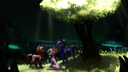Size: 3840x2160 | Tagged: safe, artist:nsilverdraws, oc, oc only, oc:comet dancer, oc:rose tinder, oc:sparkly breeze, earth pony, pegasus, pony, unicorn, detailed, flower, friendship, grotto, happy, high res, mare, smiling, tree