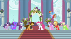 Size: 3323x1815 | Tagged: safe, artist:hoalyden, applejack, cheese sandwich, fluttershy, pinkie pie, rainbow dash, rarity, twilight sparkle, oc, pony, g4, female, male, mane six, marriage, ship:cheesepie, shipping, straight, wedding