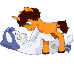 Size: 300x300 | Tagged: safe, artist:atlantropa, oc, oc:paid postage, oc:triple shot, earth pony, pony, unicorn, blue, blue hair, blushing, boyfriend, brown, brown hair, brown mane, brunette, commission, couple, cuddling, curls, curly hair, curly mane, curly tail, fluffy, food, freckles, full body, hooves, looking at each other, love, lying down, male, on back, orange, pixel art, ponysona, romance, romantic, shipping, short hair, short mane, short tail, simple background, smiling, special somepony, spots, spotted, stallion, standing, transparent background, white