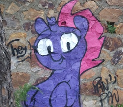 Size: 3446x3000 | Tagged: safe, artist:killasher, fizzlepop berrytwist, tempest shadow, pony, unicorn, g4, cute, fluffy, graffiti, high res, irl, looking at you, photo, smiling, solo, spray