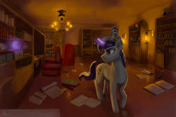 Size: 1095x730 | Tagged: safe, artist:nsilverdraws, oc, oc only, oc:darkened fallout, oc:hawke, bat, pony, unicorn, book, bookshelf, couch, detailed, house, inkwell, lamp, male, quill, stallion